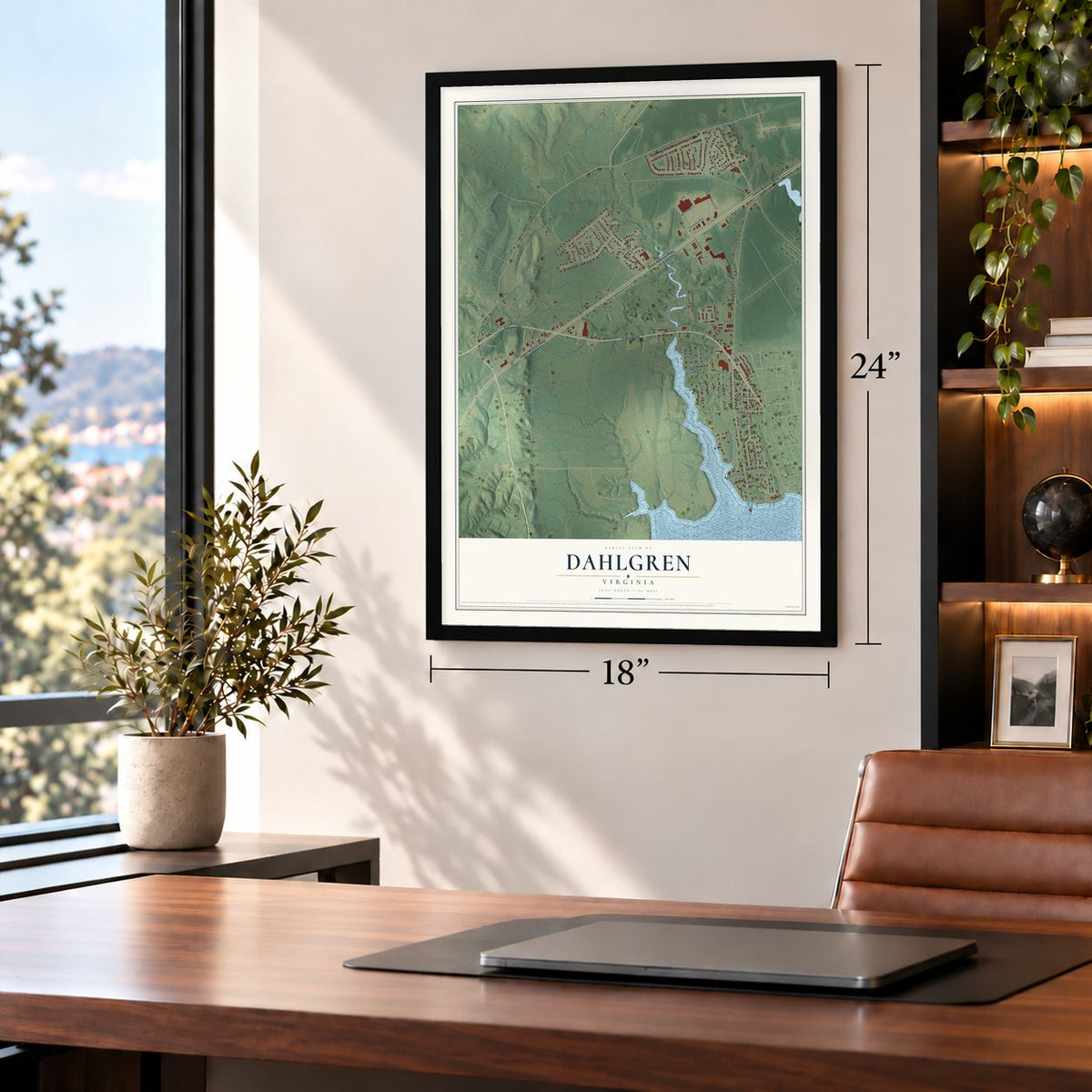 Dahlgren, Virginia map, 18 x 24 inch print in a black frame in a home office