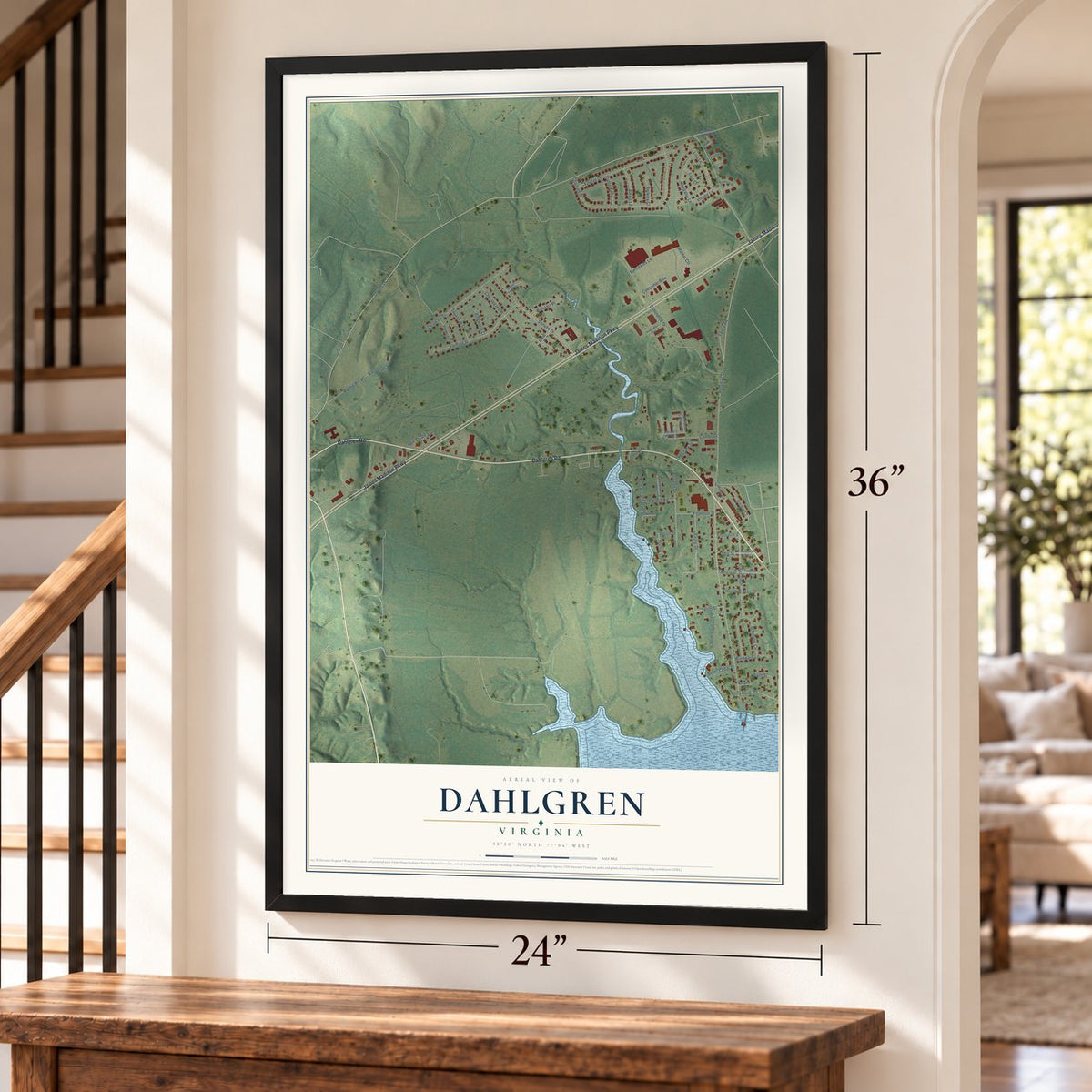 Dahlgren, Virginia map, 24 x 36 inch print in a black frame by a staircase