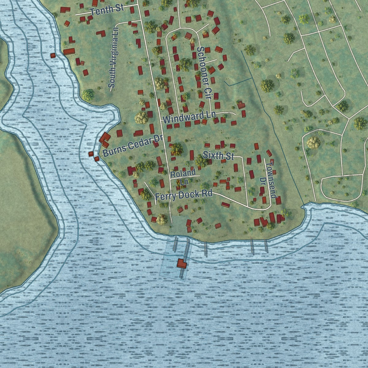 Close-up of the map of Dahlgren, Virginia print showing street and building detail
