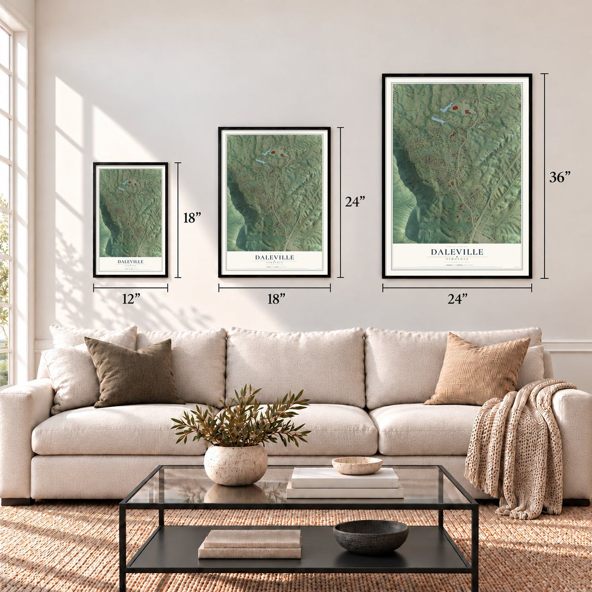 Daleville, Virginia map in 12 x 18, 18 x 24 and 24 x 36 inch sizes above a sofa