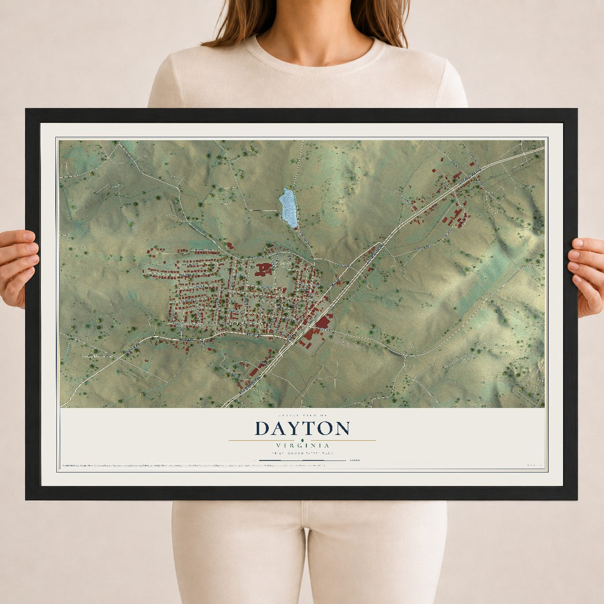 Map of Dayton, Virginia, 18 x 24 inch print in a black wood frame