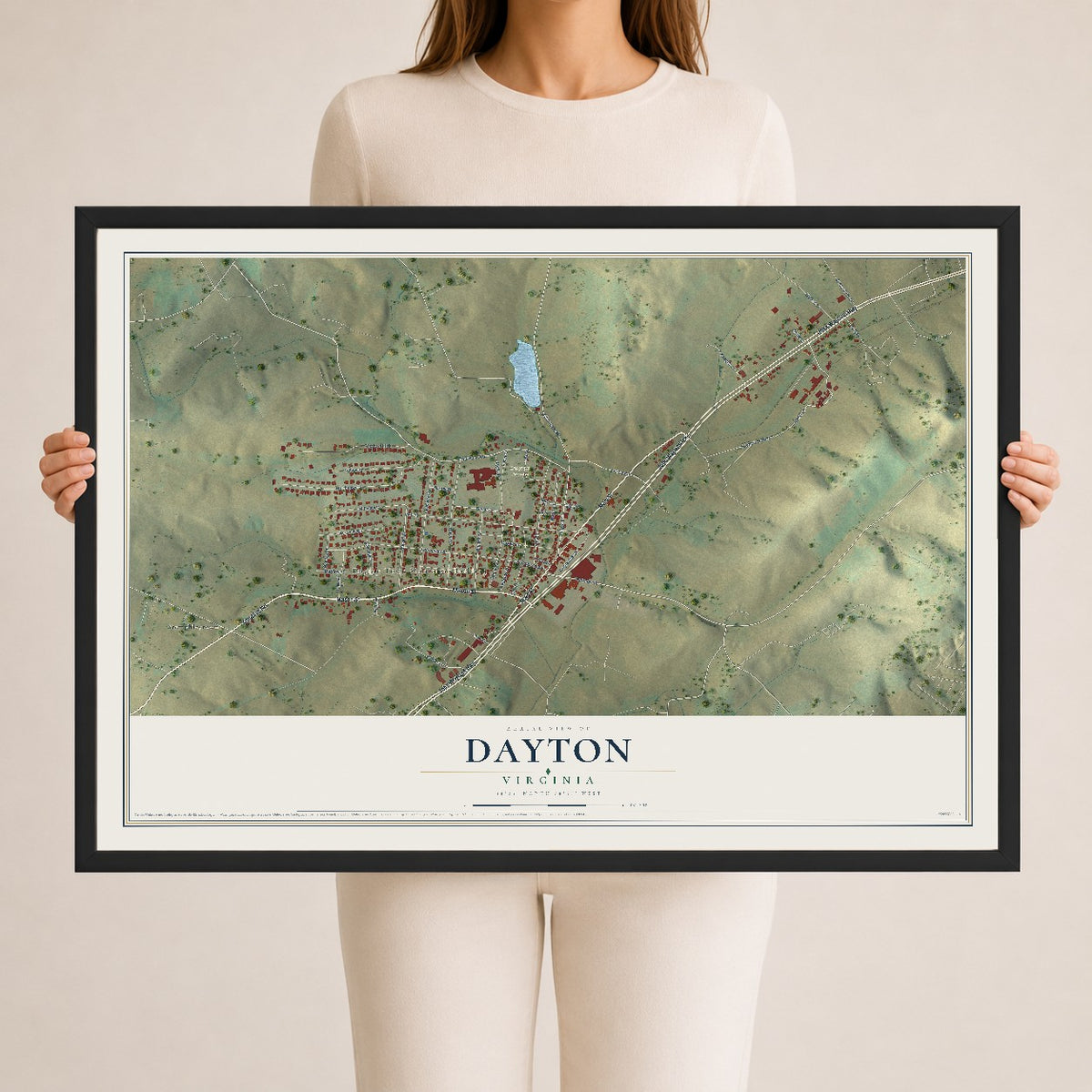 Map of Dayton, Virginia, 24 x 36 inch print in a black wood frame