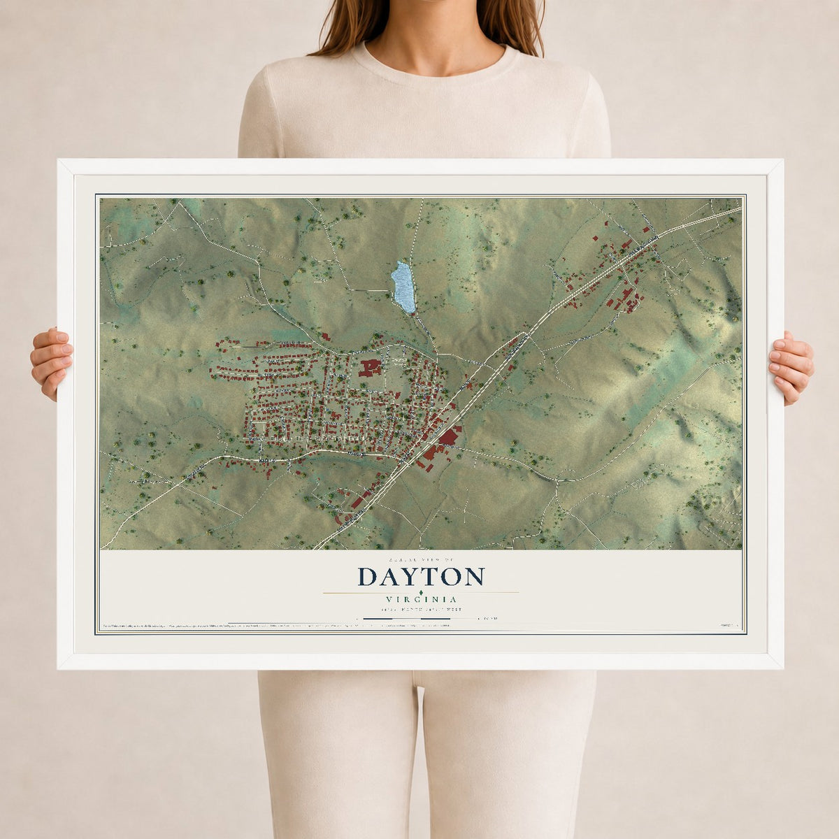 Map of Dayton, Virginia, 24 x 36 inch print in a white wood frame