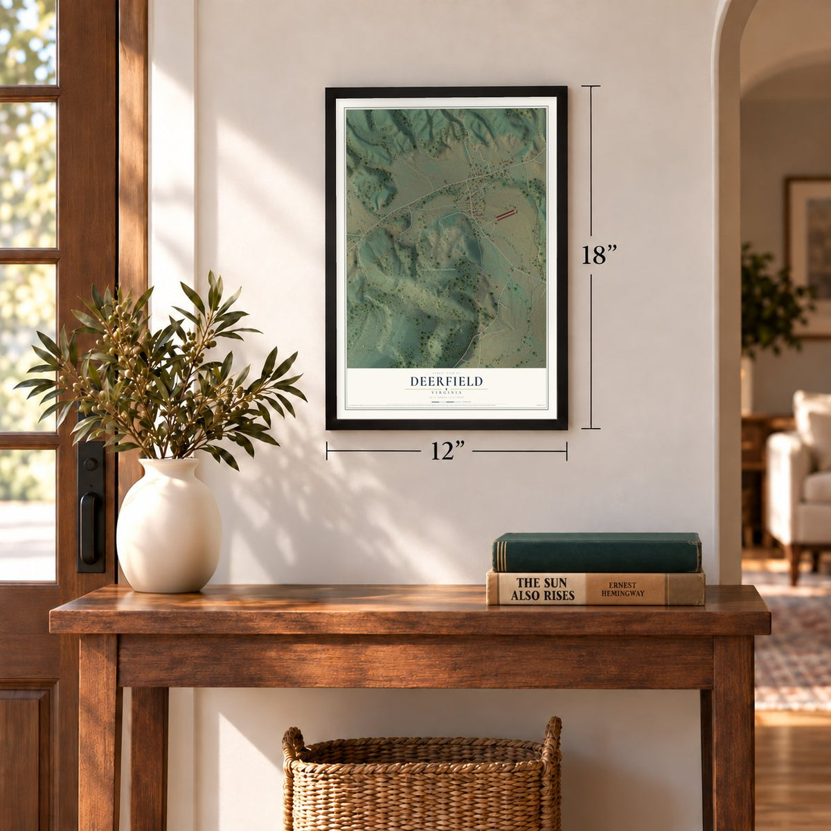 Deerfield, Virginia map, 12 x 18 inch print in a black frame in an entryway