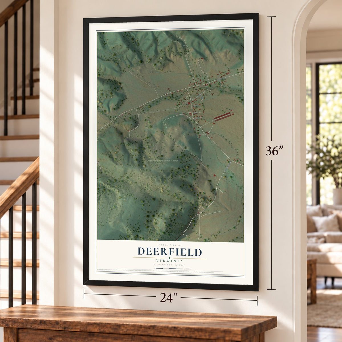 Deerfield, Virginia map, 24 x 36 inch print in a black frame by a staircase