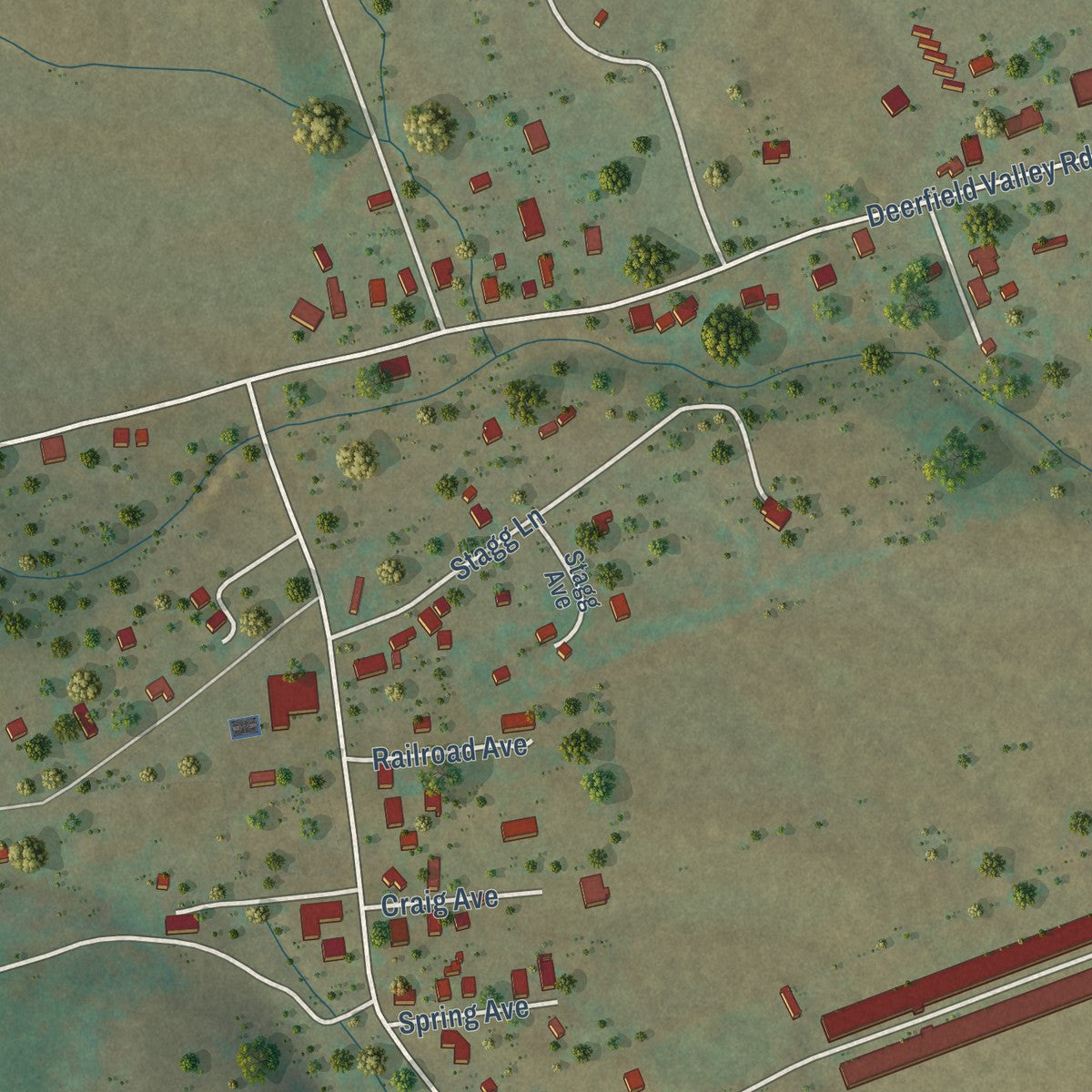 Close-up of the map of Deerfield, Virginia print showing street and building detail