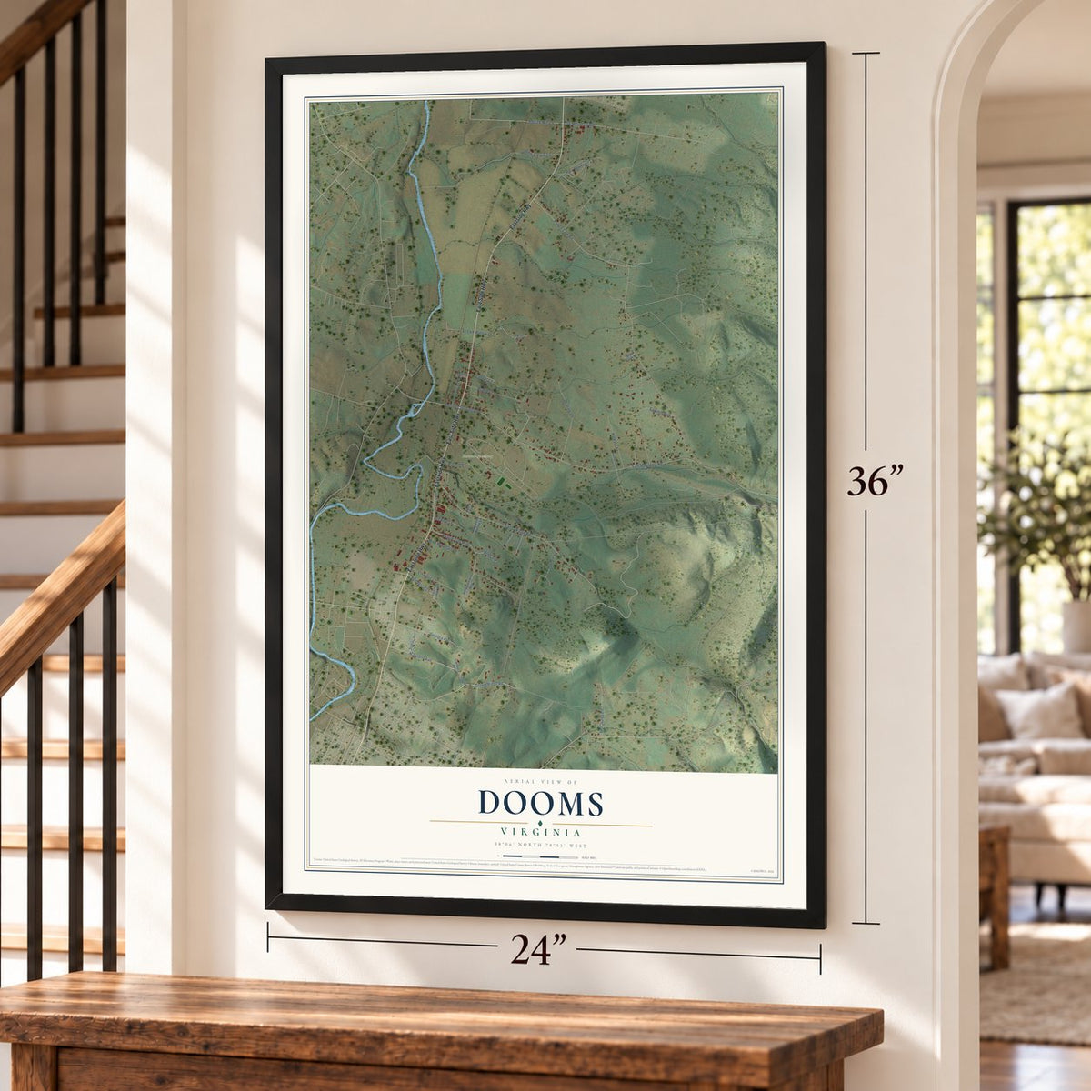 Dooms, Virginia map, 24 x 36 inch print in a black frame by a staircase