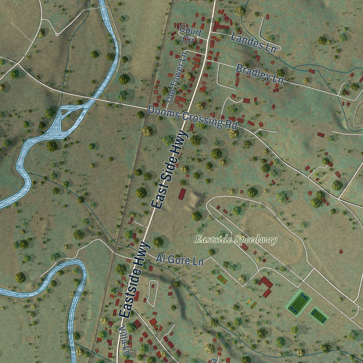Close-up of the map of Dooms, Virginia print showing street and building detail