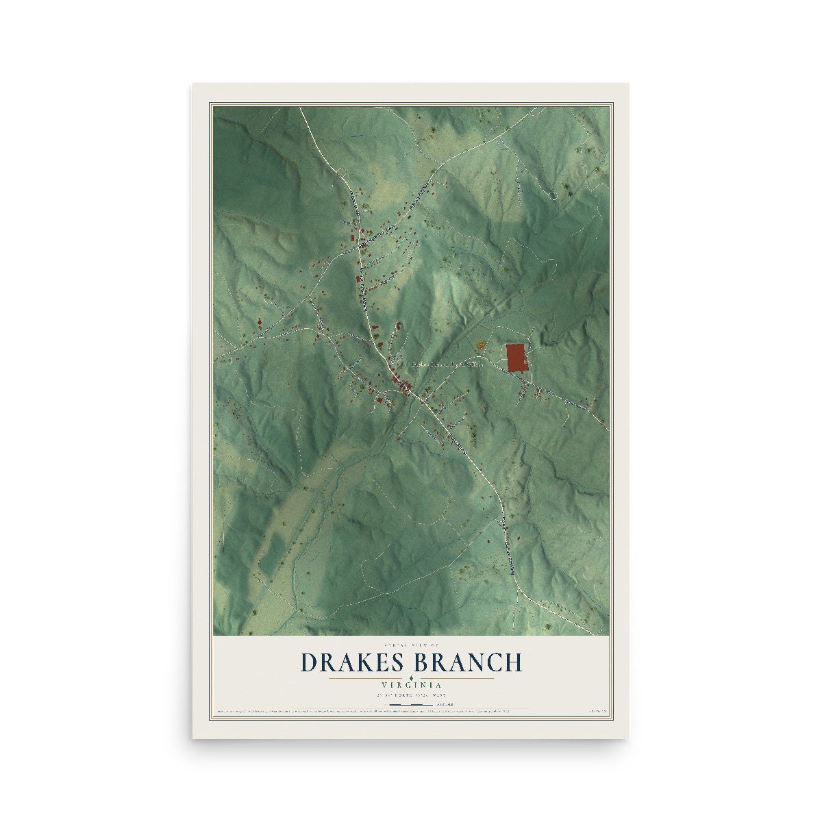Map of Drakes Branch, Virginia, 12 x 18 inch unframed archival matte print