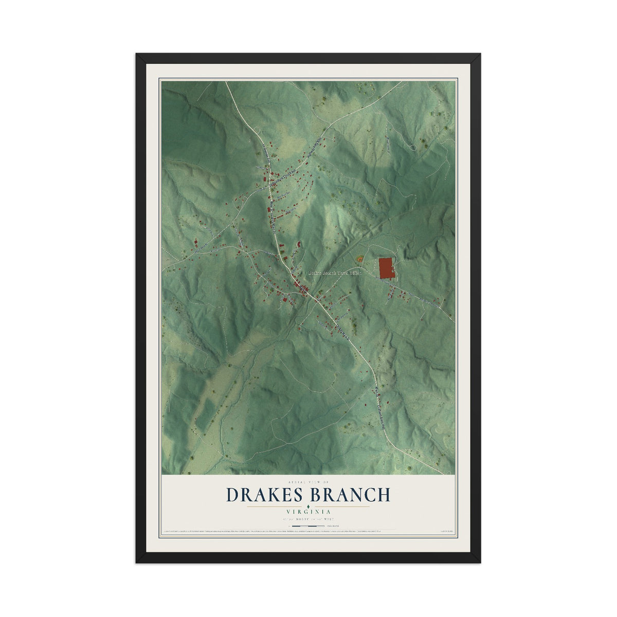 Map of Drakes Branch, Virginia, 12 x 18 inch print in a black wood frame