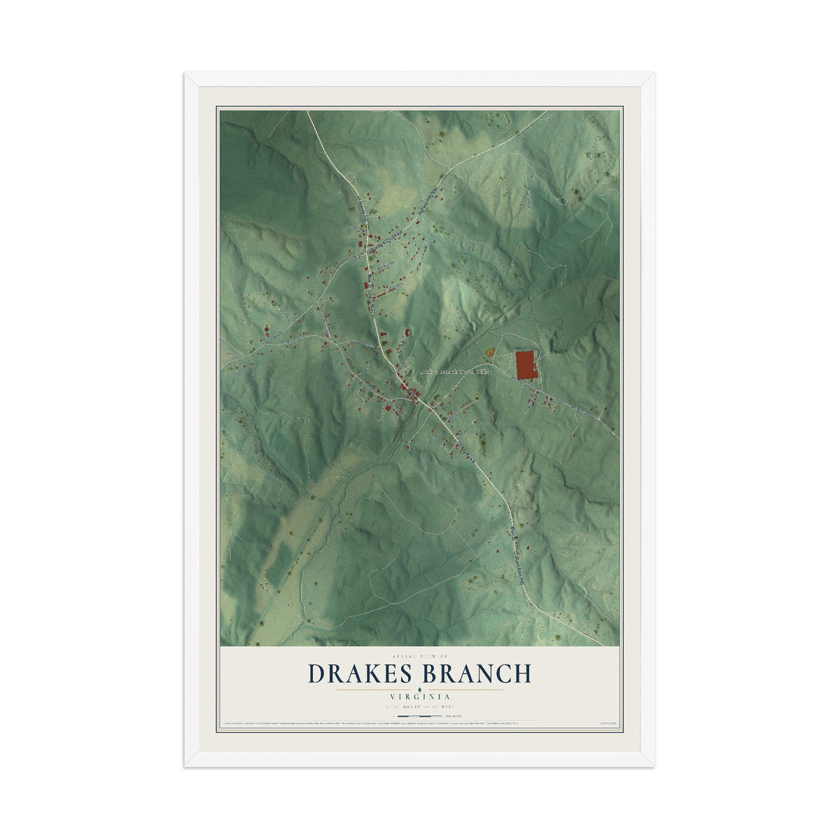 Map of Drakes Branch, Virginia, 12 x 18 inch print in a white wood frame