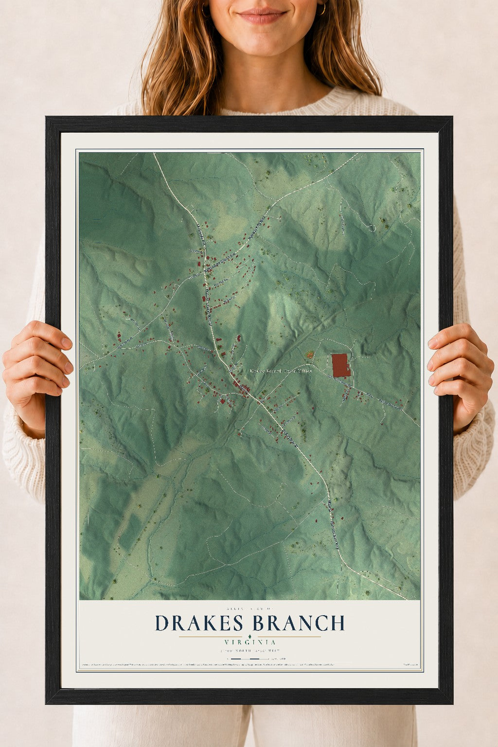 Map of Drakes Branch, Virginia, 18 x 24 inch print in a black wood frame