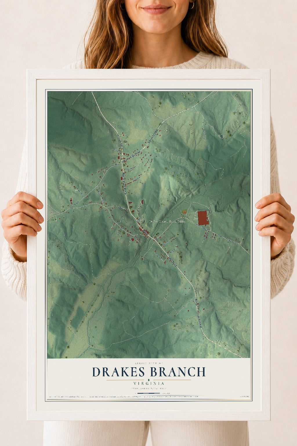 Map of Drakes Branch, Virginia, 18 x 24 inch print in a white wood frame