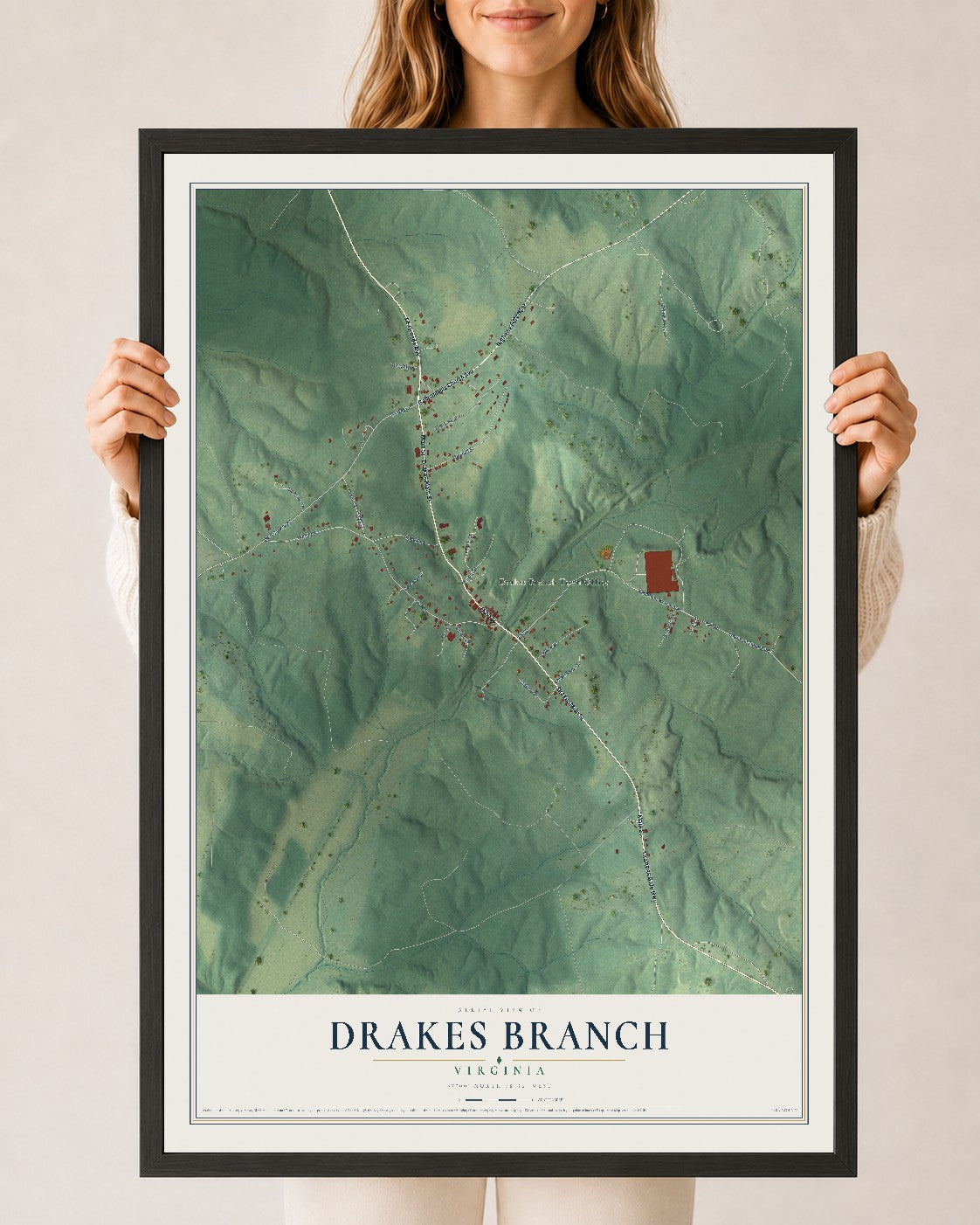 Map of Drakes Branch, Virginia, 24 x 36 inch print in a black wood frame