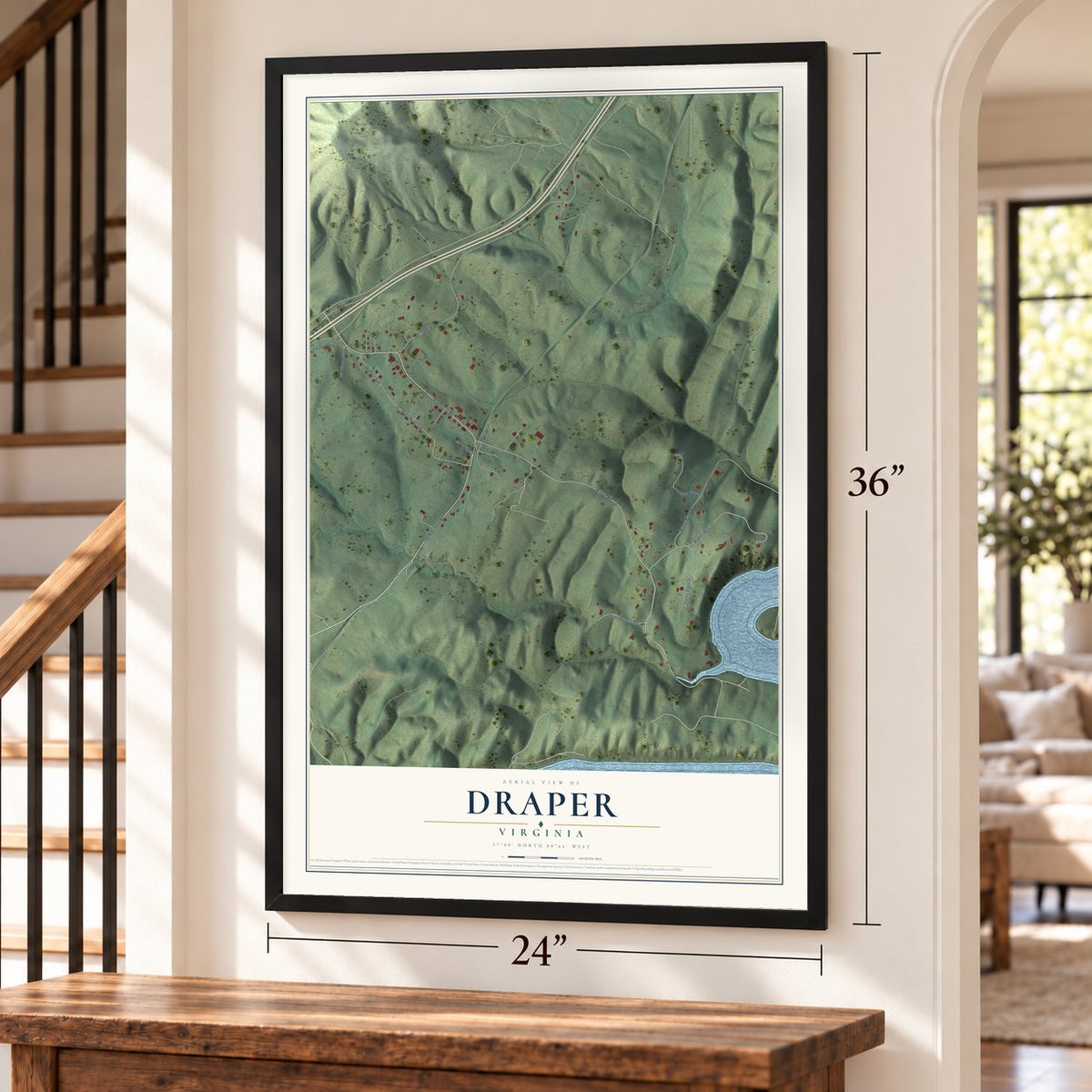 Draper, Virginia map, 24 x 36 inch print in a black frame by a staircase