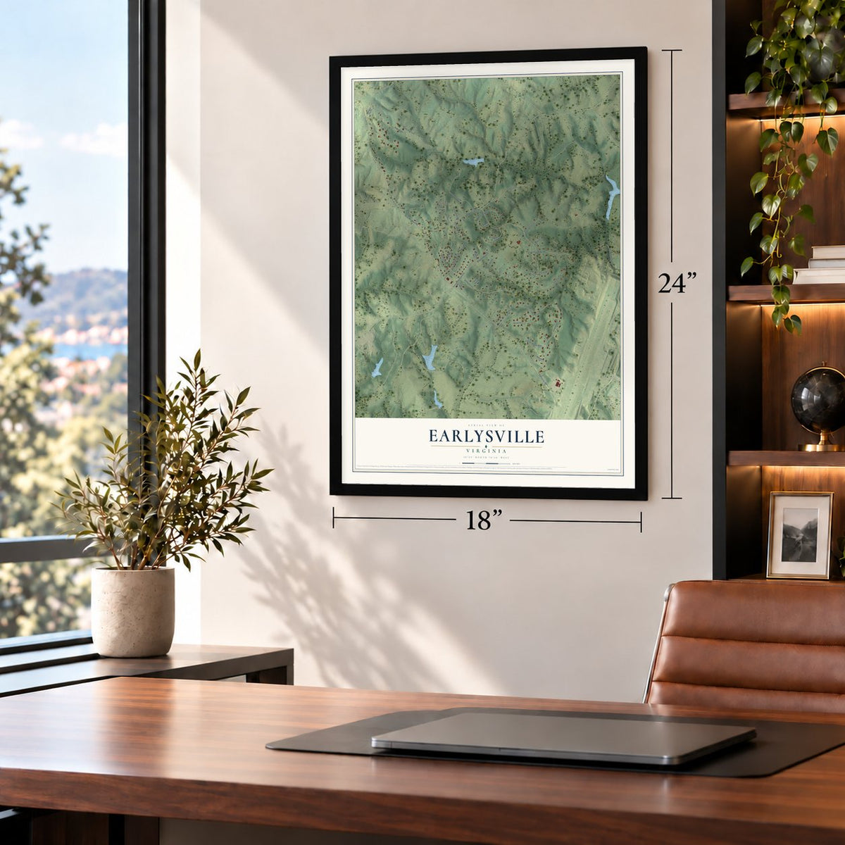 Earlysville, Virginia map, 18 x 24 inch print in a black frame in a home office