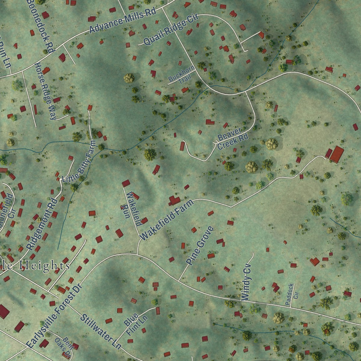 Close-up of the map of Earlysville, Virginia print showing street and building detail