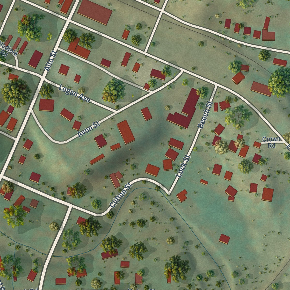 Close-up of the map of East Stone Gap, Virginia print showing street and building detail