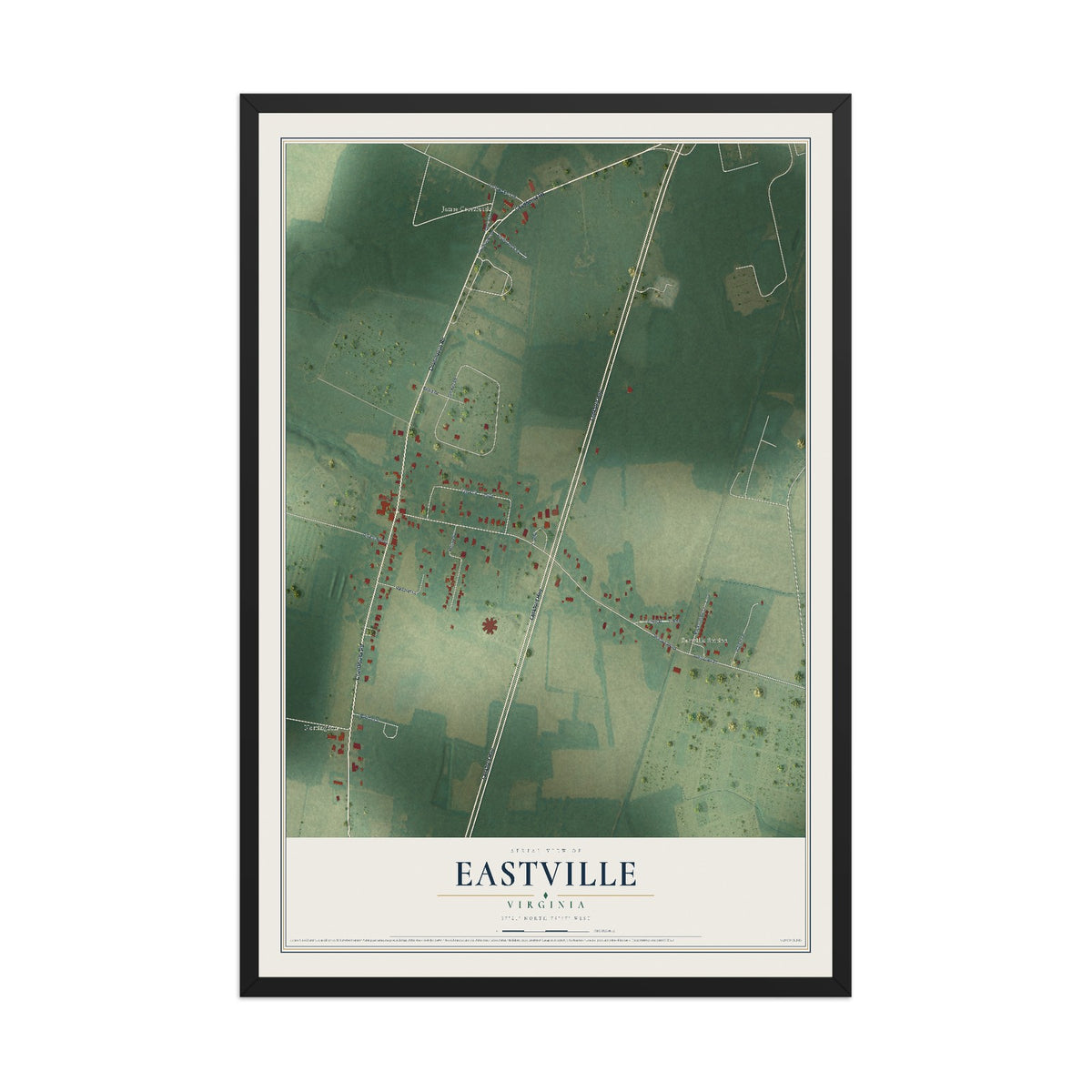 Map of Eastville, Virginia, 12 x 18 inch print in a black wood frame