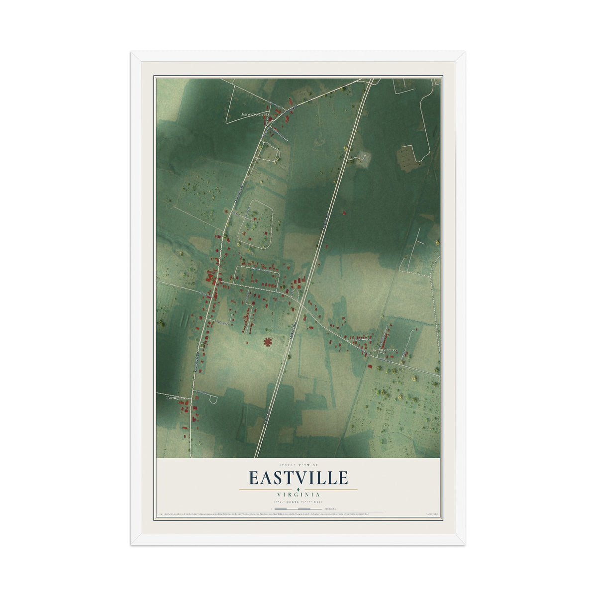 Map of Eastville, Virginia, 12 x 18 inch print in a white wood frame