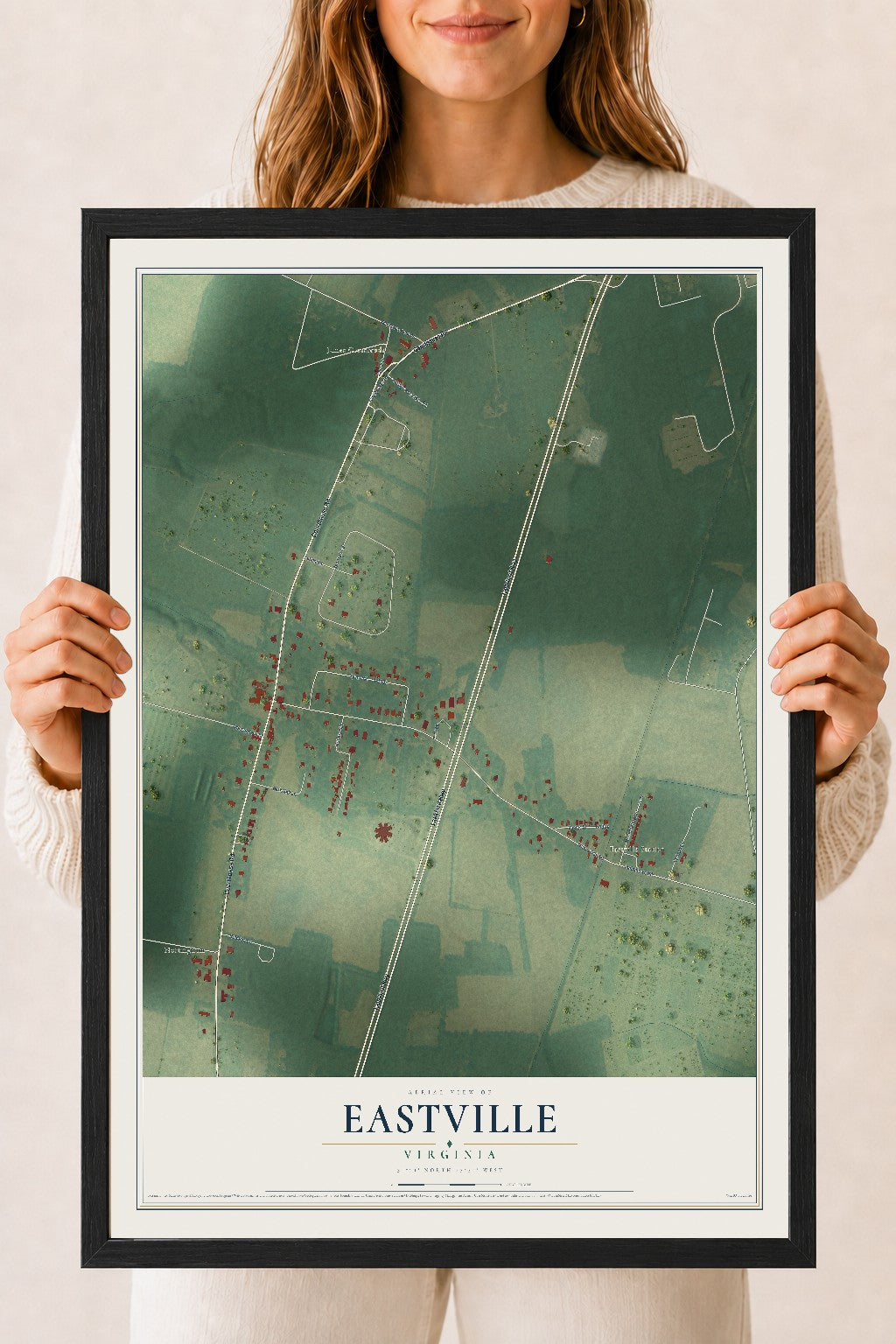 Map of Eastville, Virginia, 18 x 24 inch print in a black wood frame