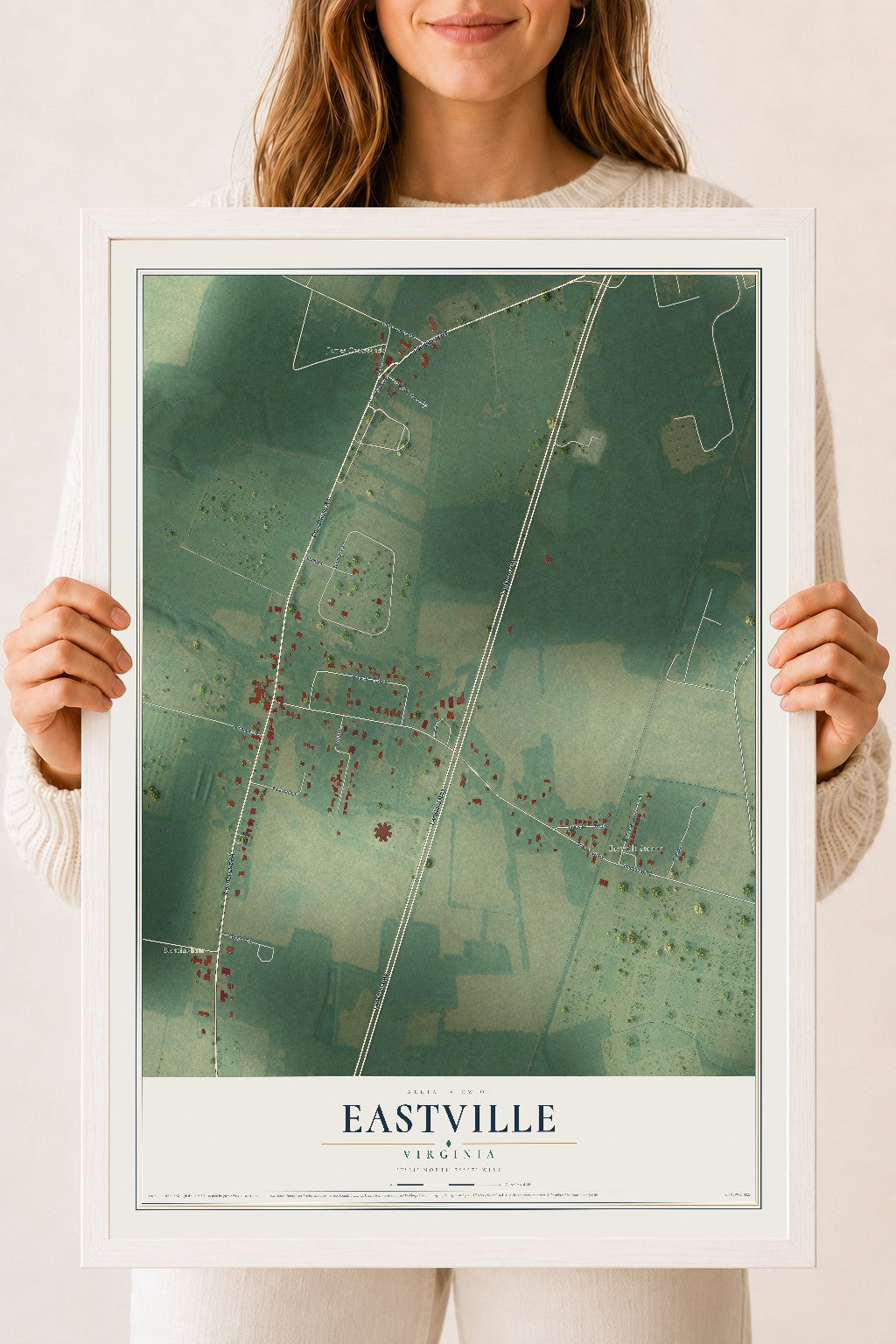 Map of Eastville, Virginia, 18 x 24 inch print in a white wood frame