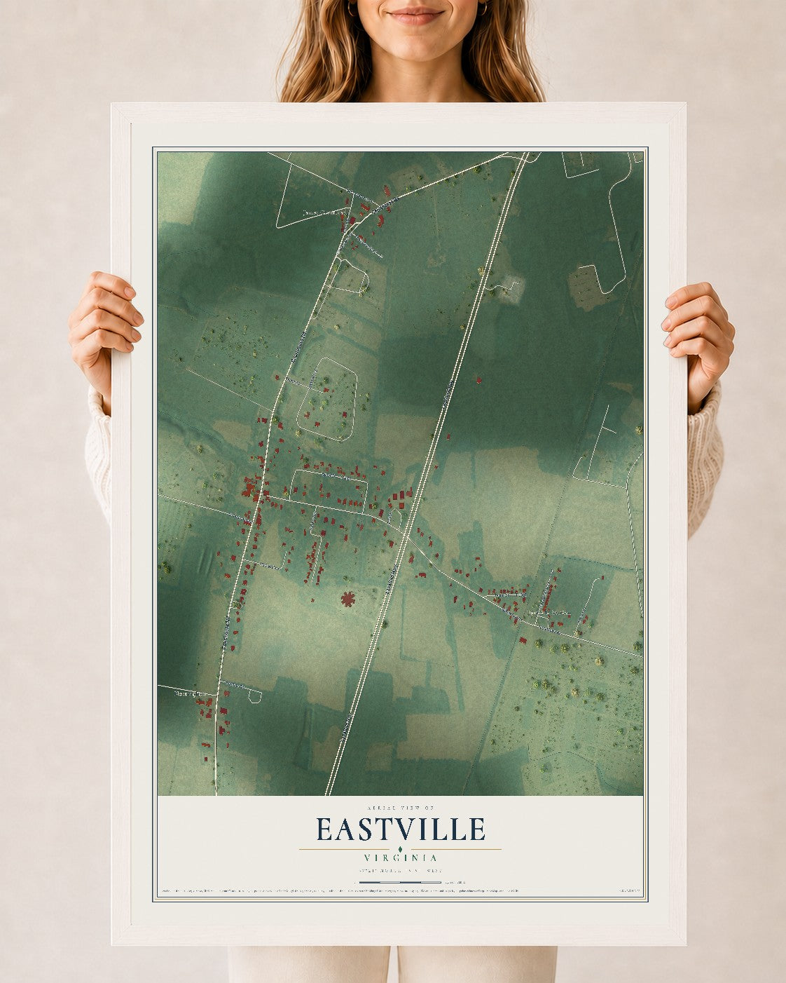 Map of Eastville, Virginia, 24 x 36 inch print in a white wood frame