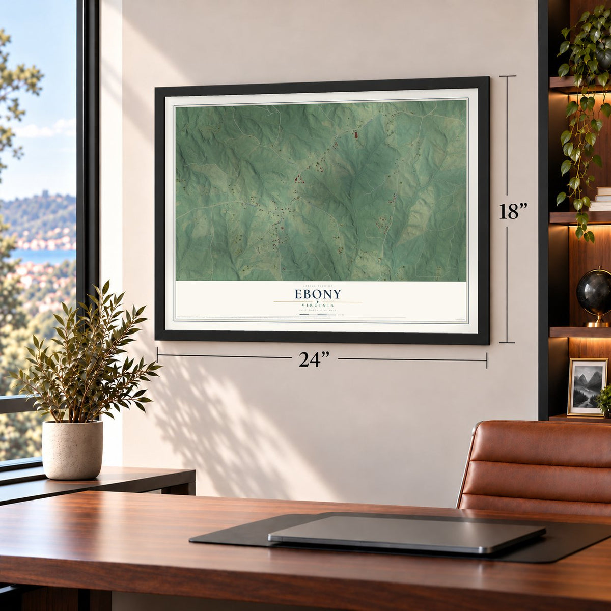 Ebony, Virginia map, 18 x 24 inch print in a black frame in a home office