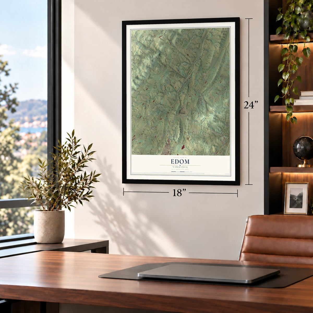 Edom, Virginia map, 18 x 24 inch print in a black frame in a home office