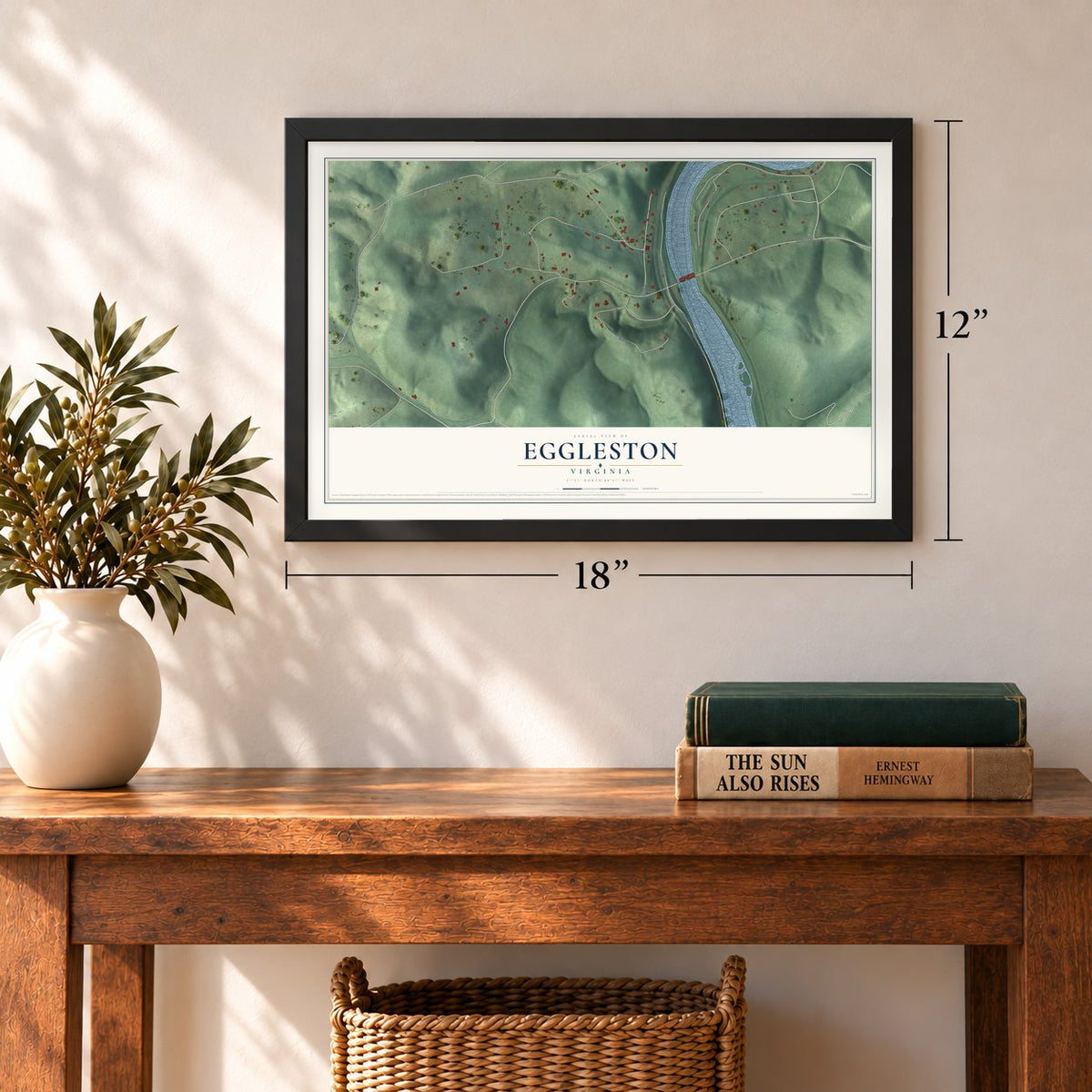 Eggleston, Virginia map, 12 x 18 inch print in a black frame in an entryway
