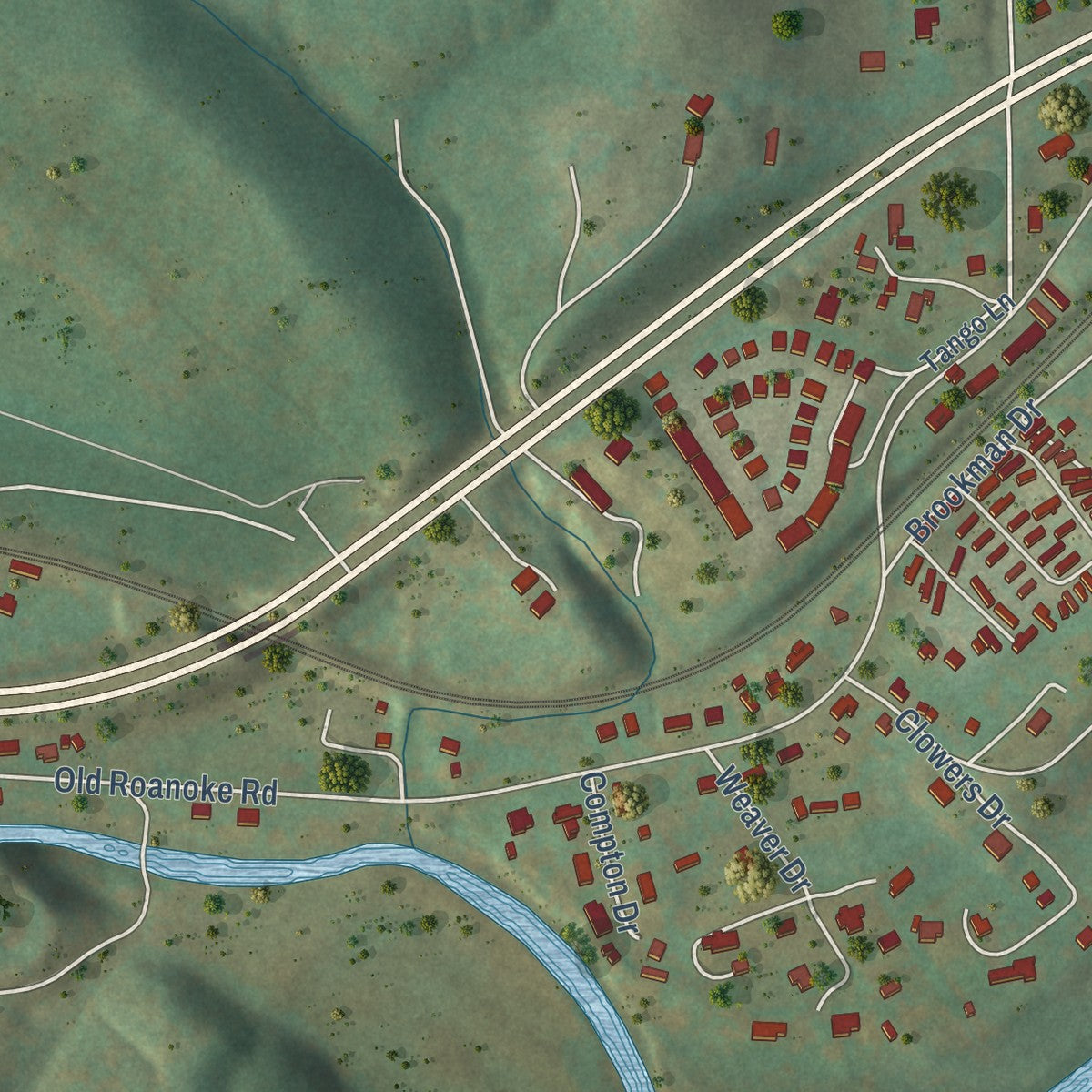 Close-up of the map of Elliston, Virginia print showing street and building detail