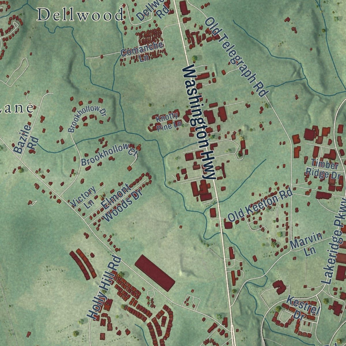 Close-up of the map of Elmont, Virginia print showing street and building detail