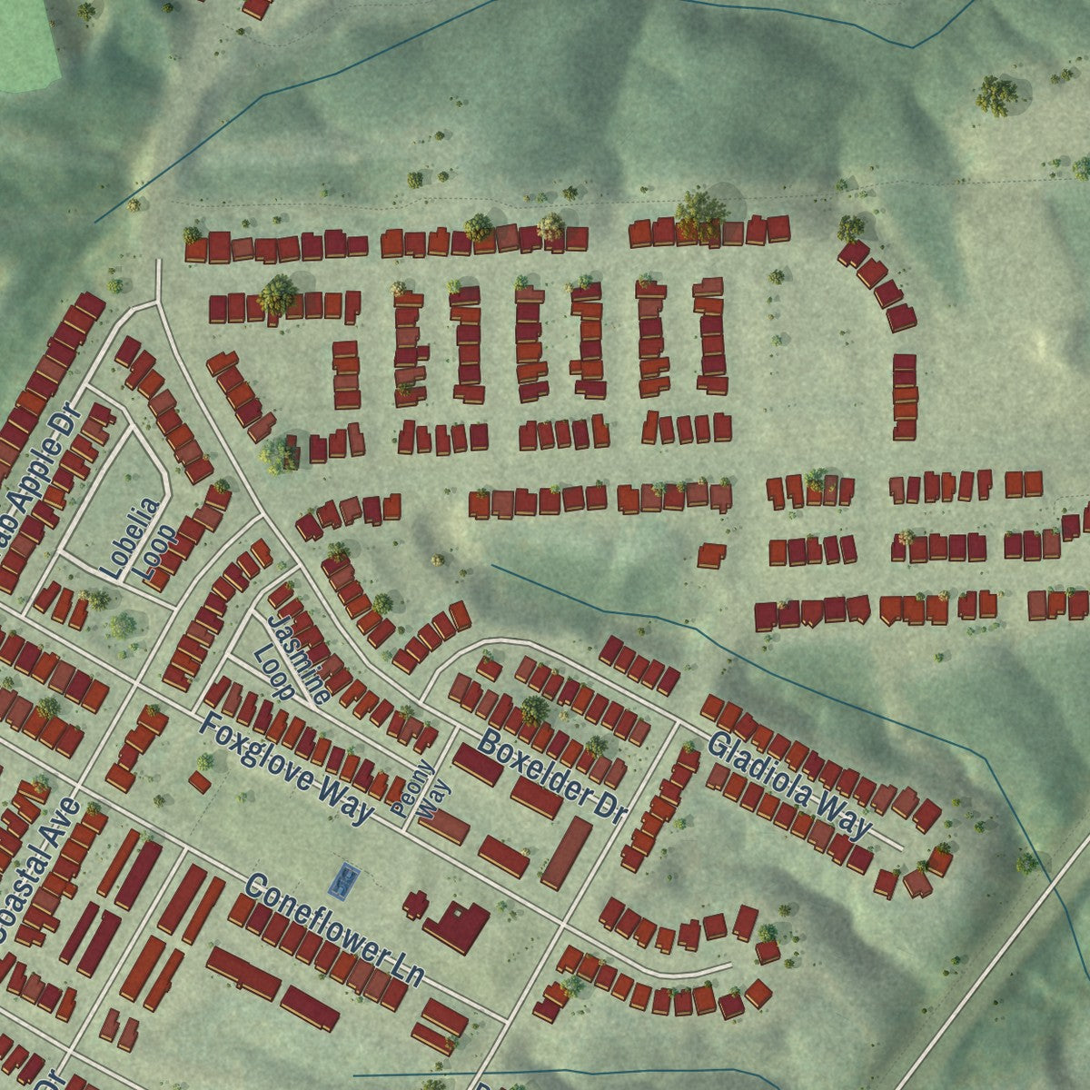 Close-up of the map of Embrey Mill, Virginia print showing street and building detail