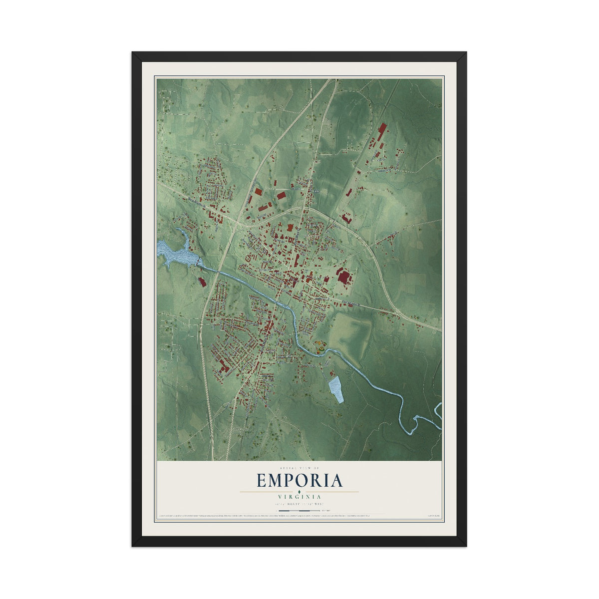 Map of Emporia, Virginia, 12 x 18 inch print in a black wood frame