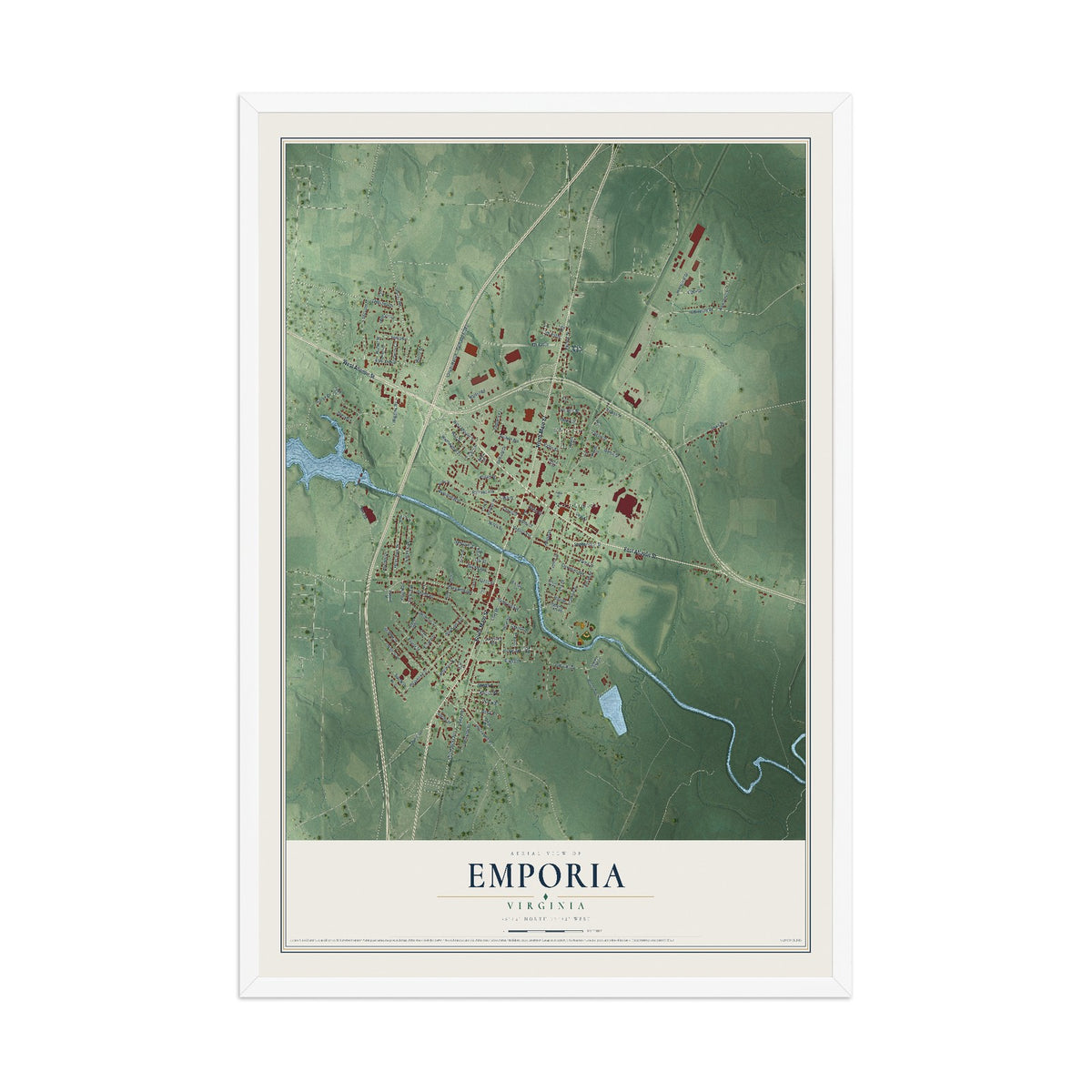 Map of Emporia, Virginia, 12 x 18 inch print in a white wood frame