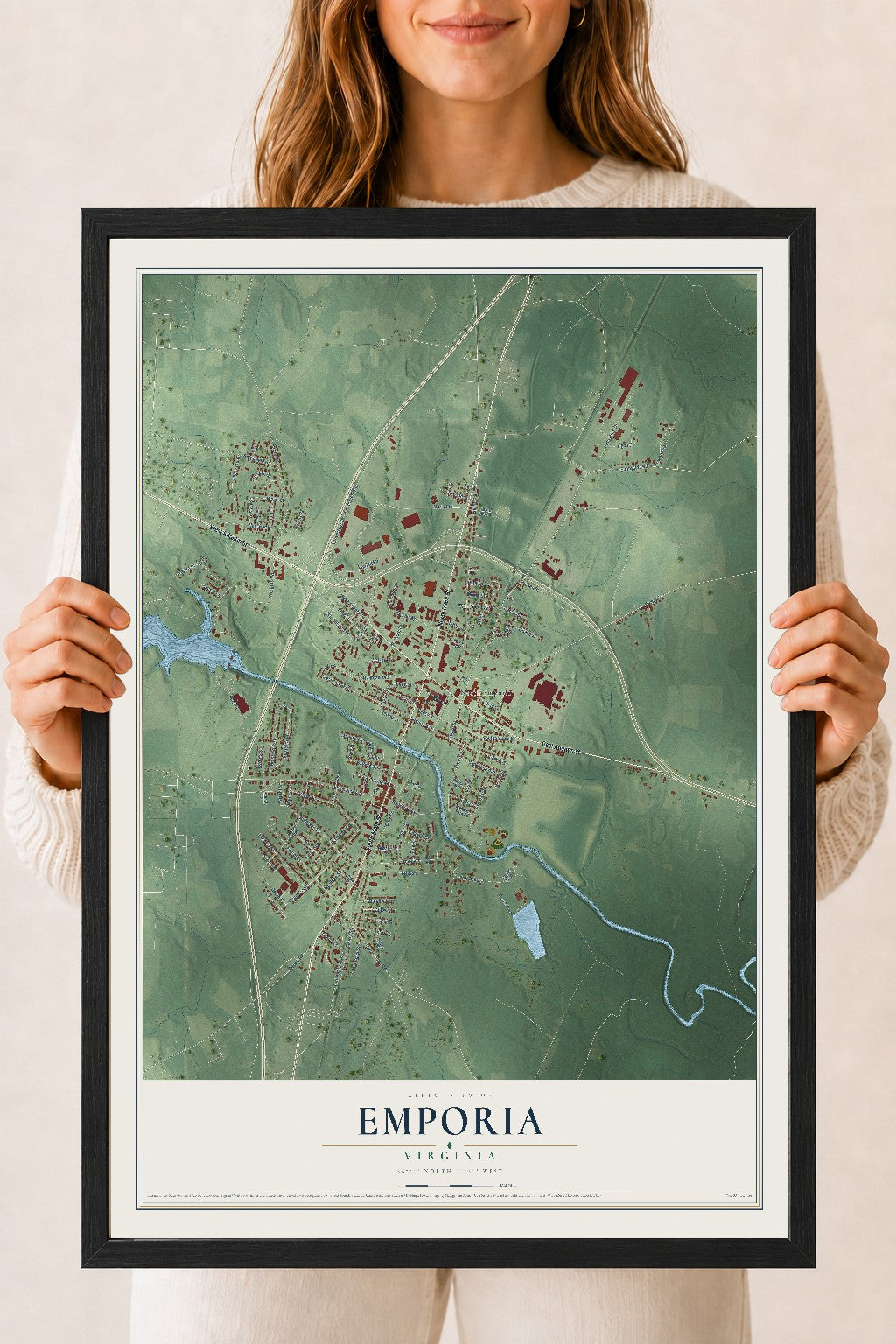 Map of Emporia, Virginia, 18 x 24 inch print in a black wood frame