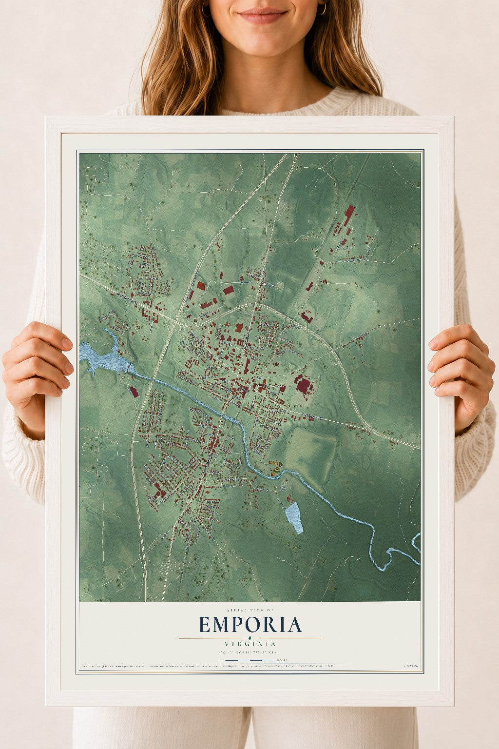 Map of Emporia, Virginia, 18 x 24 inch print in a white wood frame