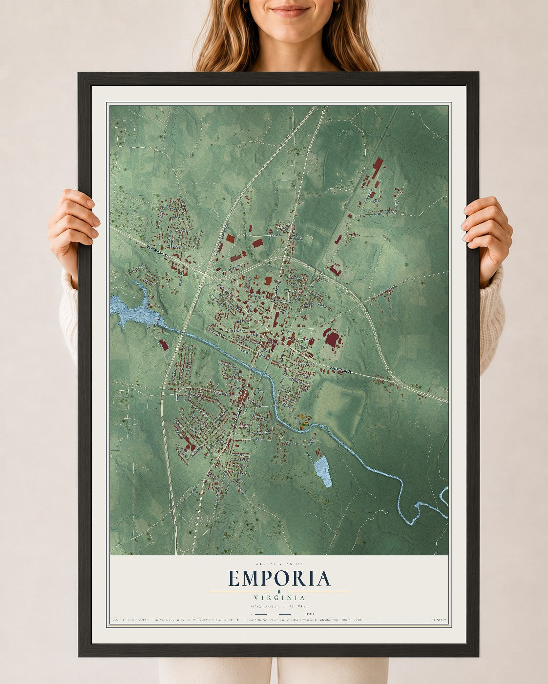 Map of Emporia, Virginia, 24 x 36 inch print in a black wood frame