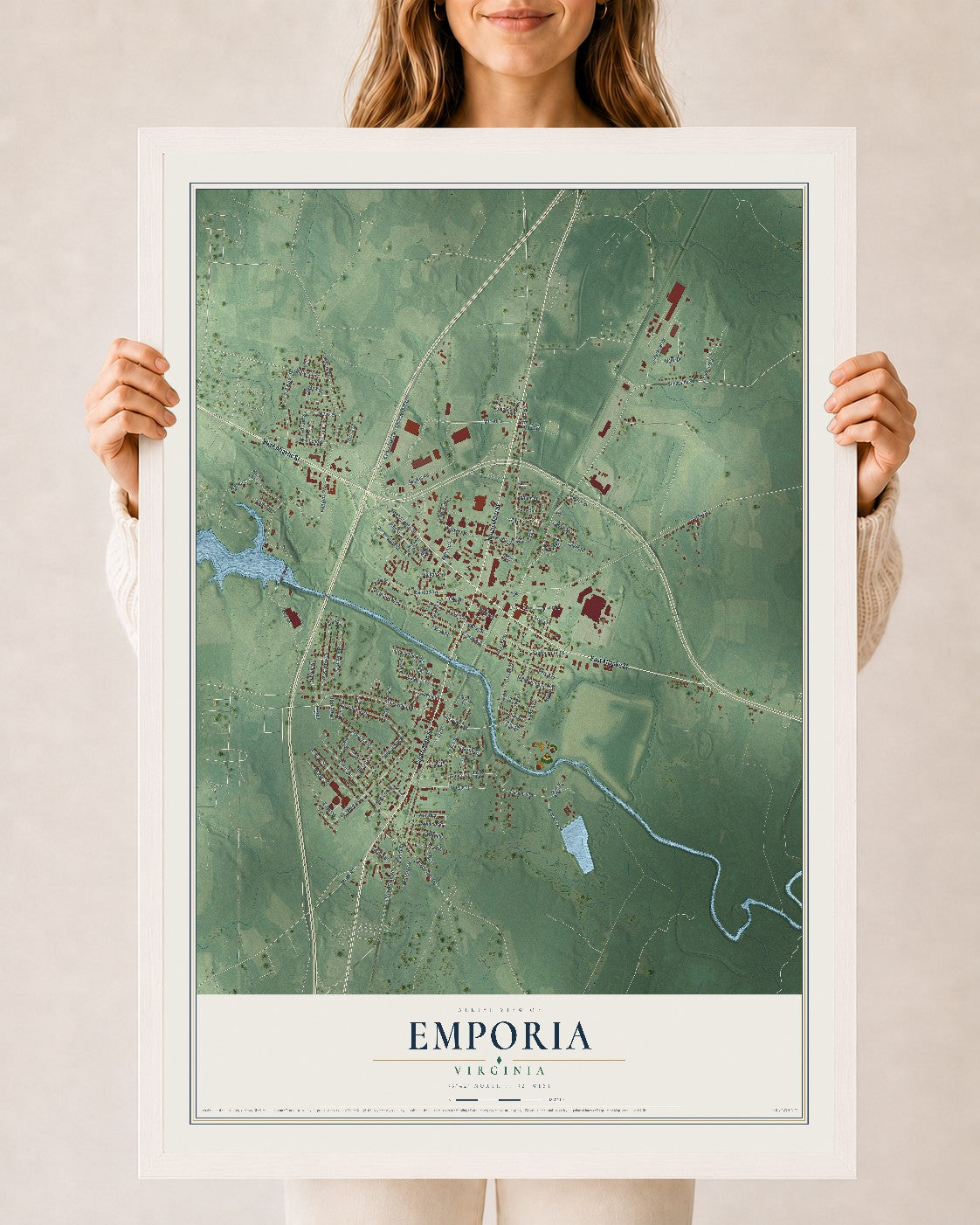 Map of Emporia, Virginia, 24 x 36 inch print in a white wood frame