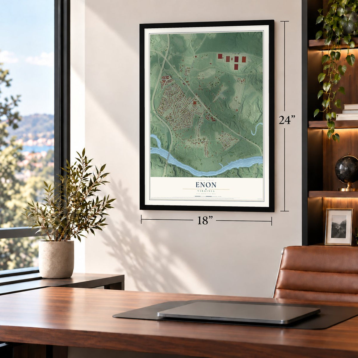 Enon, Virginia map, 18 x 24 inch print in a black frame in a home office