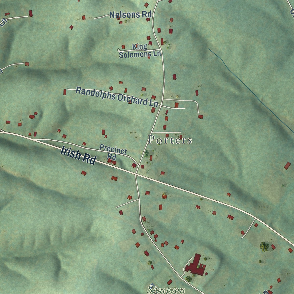 Close-up of the map of Esmont, Virginia print showing street and building detail