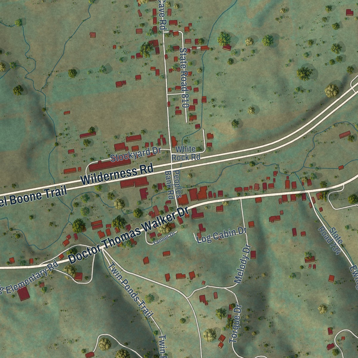 Close-up of the map of Ewing, Virginia print showing street and building detail