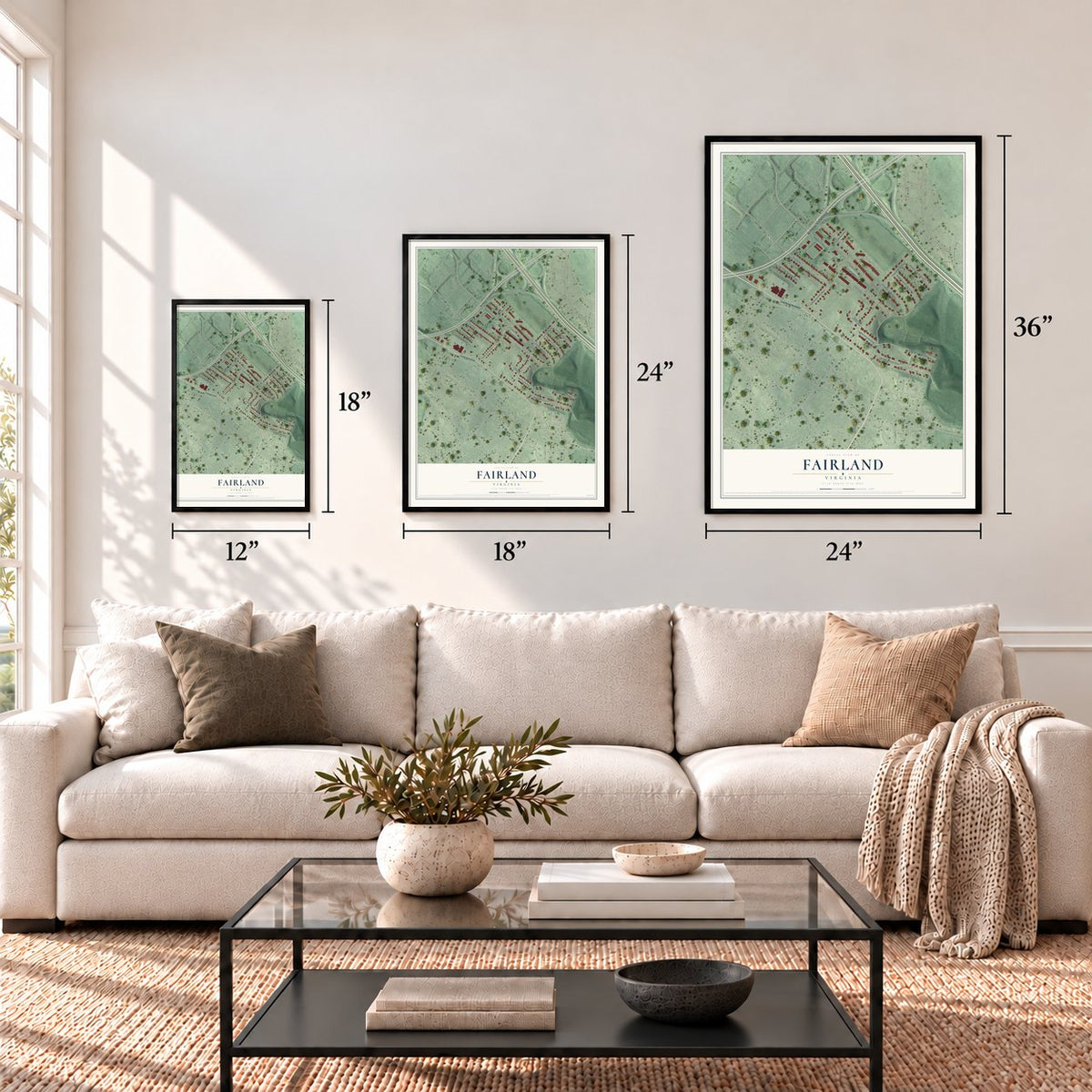 Fairland, Virginia map in 12 x 18, 18 x 24 and 24 x 36 inch sizes above a sofa