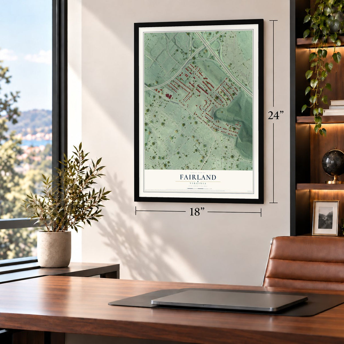 Fairland, Virginia map, 18 x 24 inch print in a black frame in a home office
