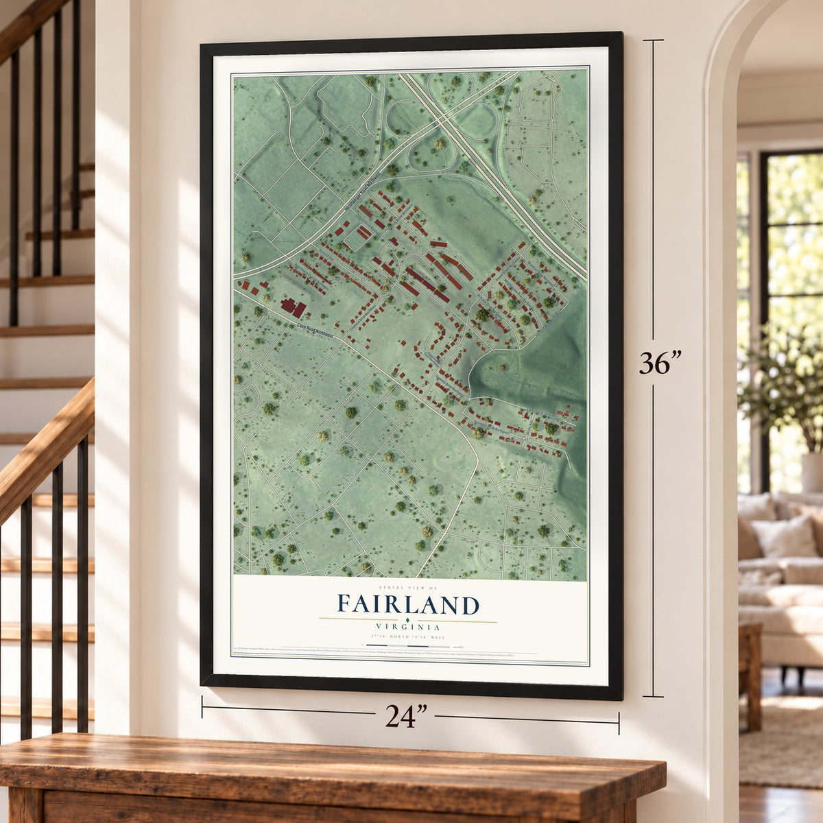 Fairland, Virginia map, 24 x 36 inch print in a black frame by a staircase