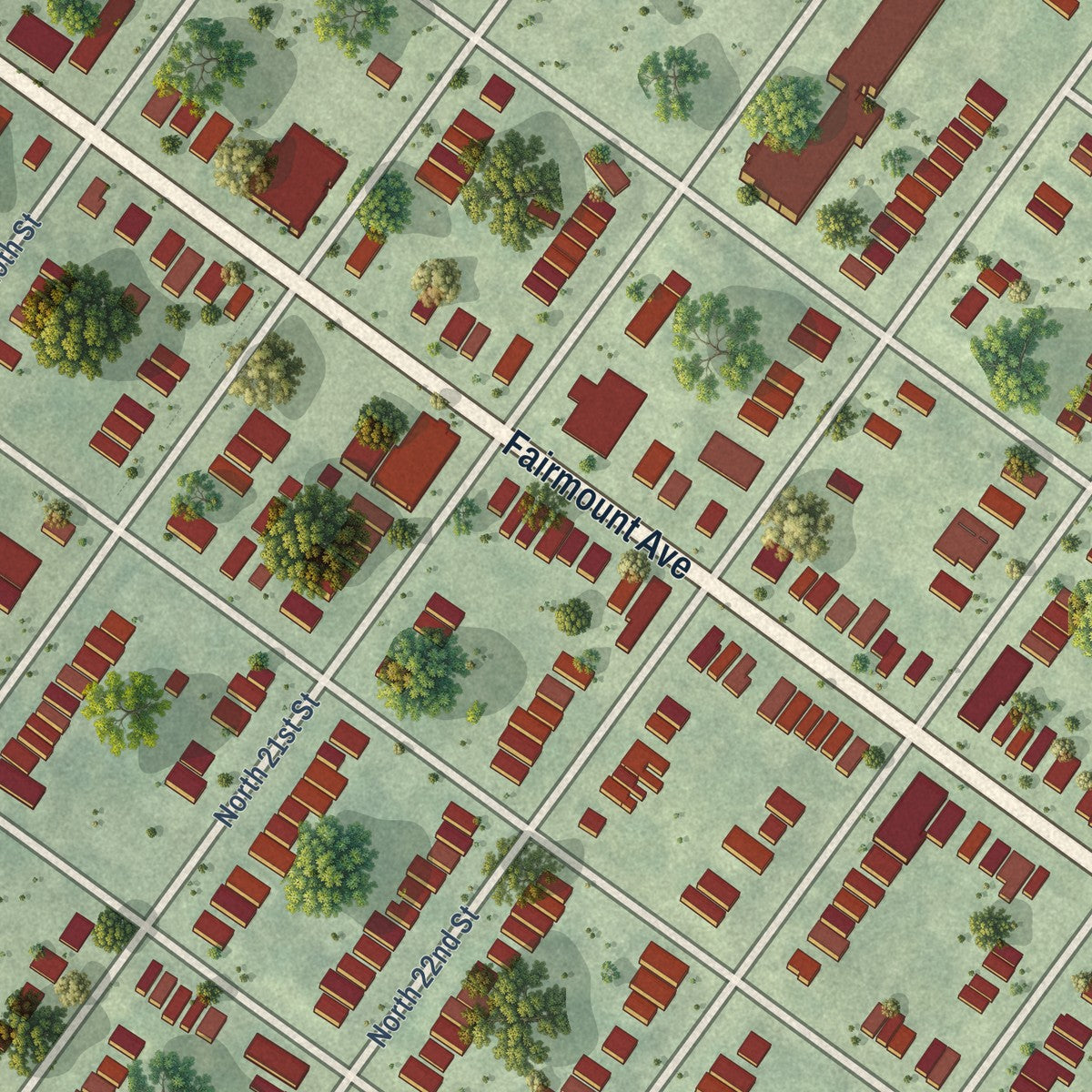 Close-up of the map of Fairmount, Virginia print showing street and building detail