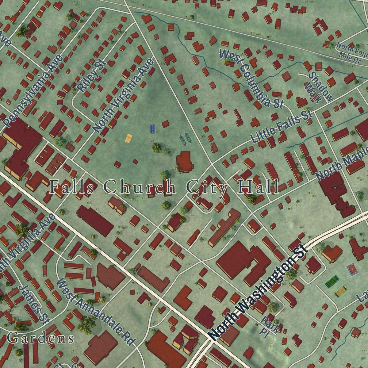 Second close-up of the map of Falls Church, Virginia print showing more streets and buildings