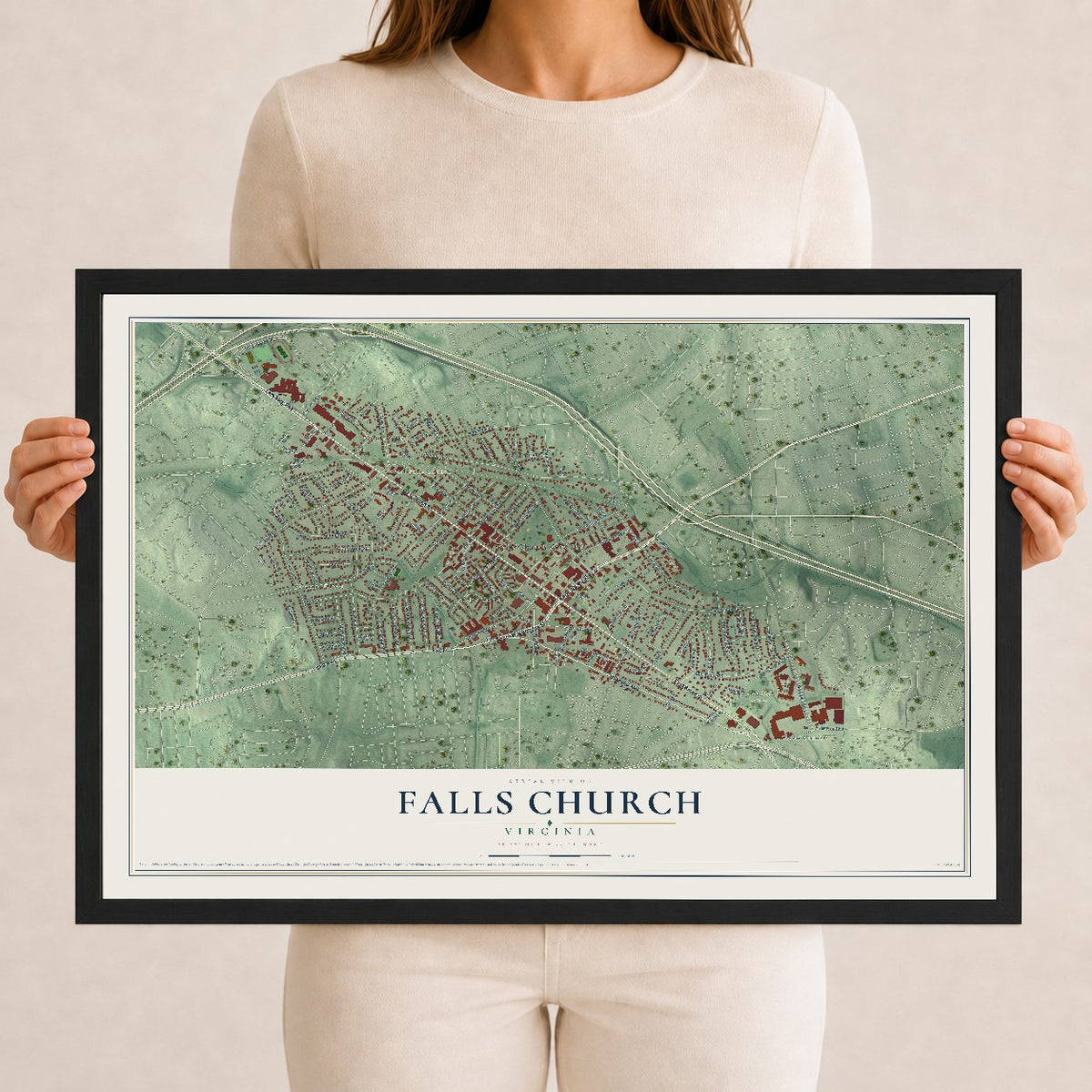 Map of Falls Church, Virginia, 12 x 18 inch print in a black wood frame