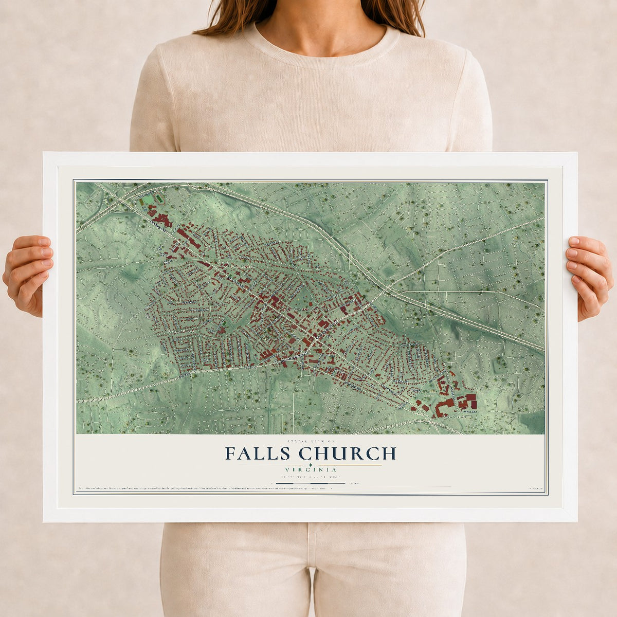 Map of Falls Church, Virginia, 12 x 18 inch print in a white wood frame