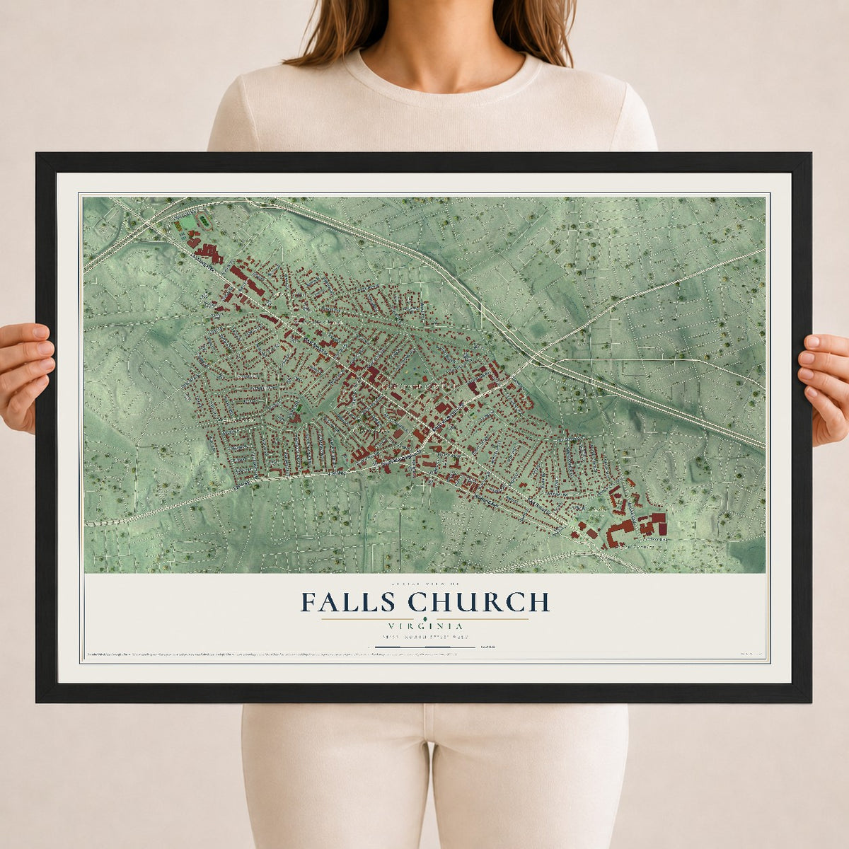 Map of Falls Church, Virginia, 18 x 24 inch print in a black wood frame